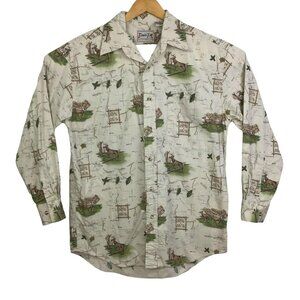 Bimini Bay Mens M Button Up Shirt Tan Long Sleeve Collared Deer Print Wildlife